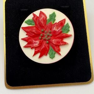 Festive Red Poinsettia Plastic Brooch made in Hong Kong
